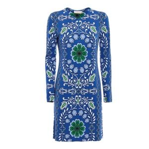 $598 TORY BURCH Blue Floral Keyhole Long Sleeve Silk Blend Sheath Dress MED Chic